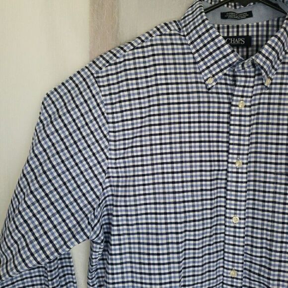 Chaps Mens Shirt Size L 16.5 Long Sleeve Button Up Blue Plaid Regular Fit Oxford - Picture 3 of 12